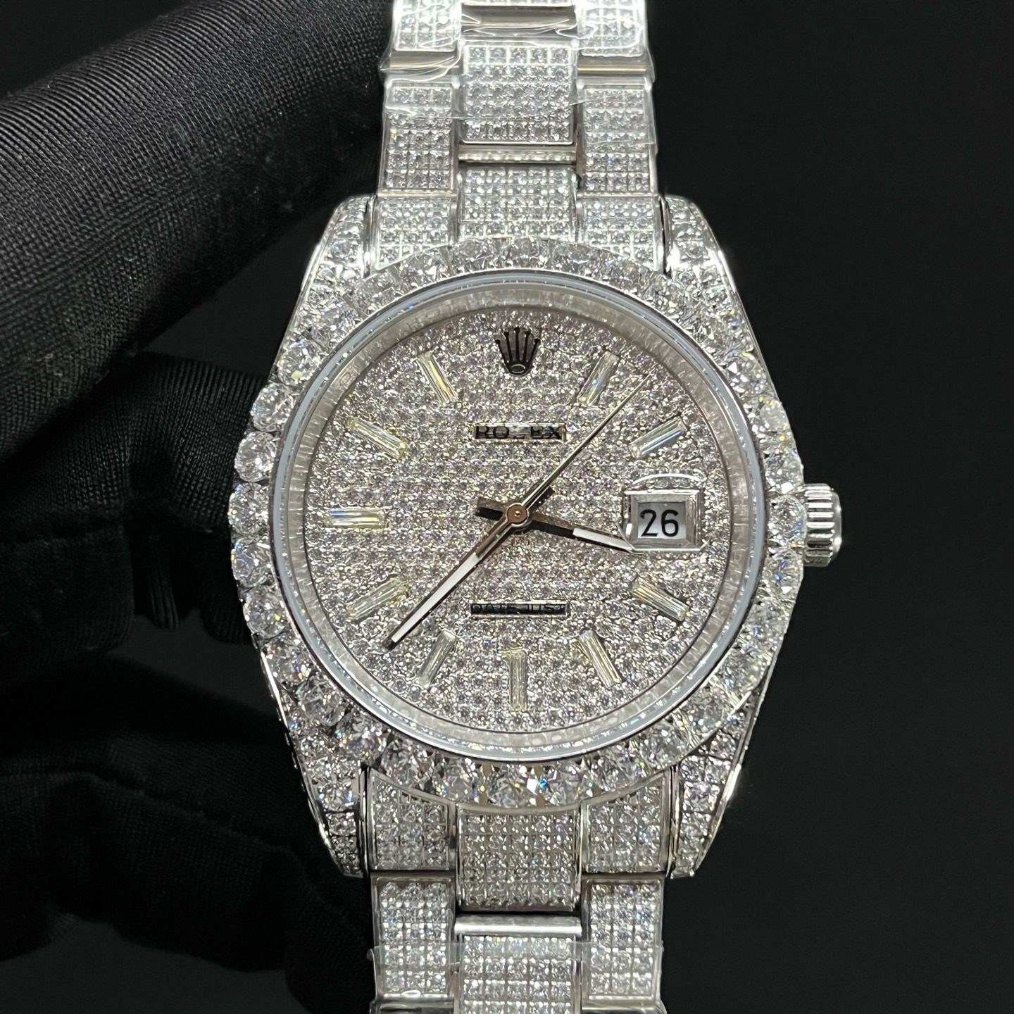Rolex Datejust Style Automatic Watch, Diamond Dial Baguette Index White Gold Case Metal Bracelet