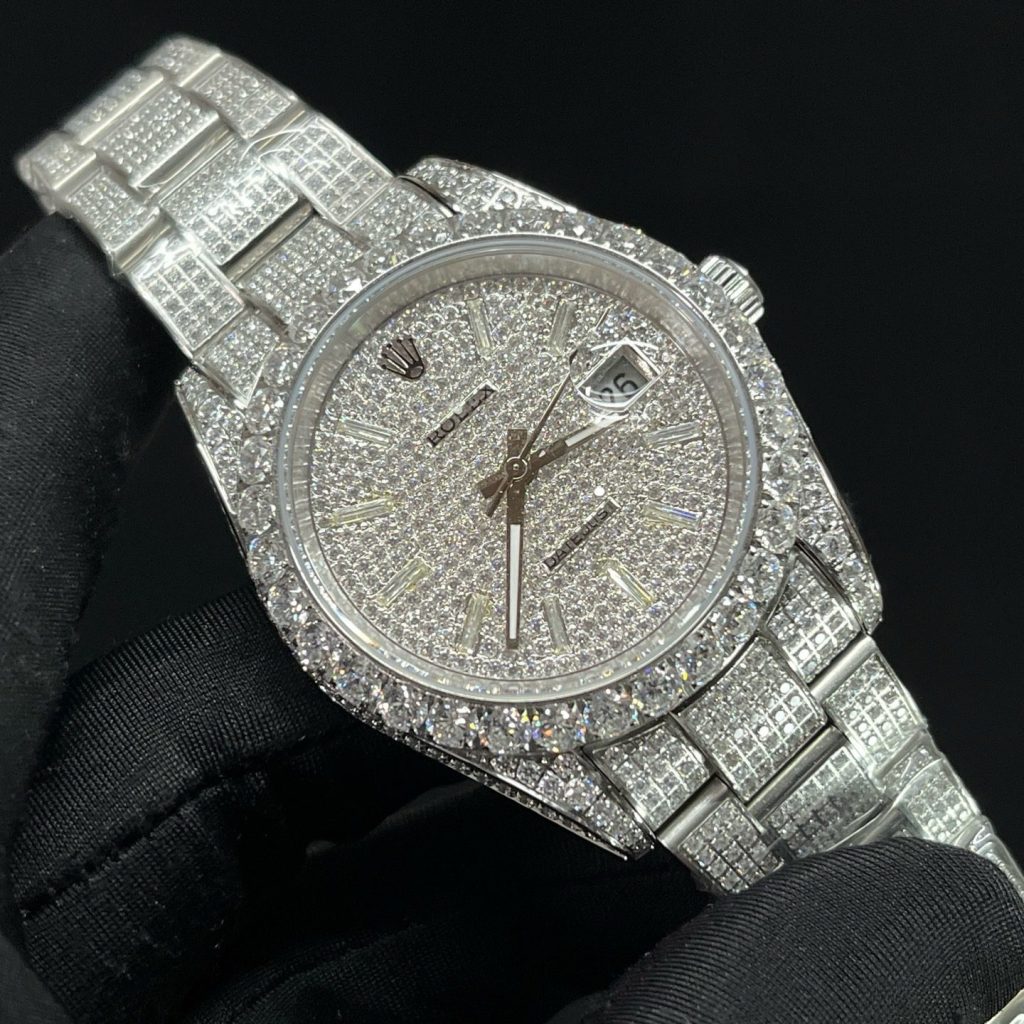 Rolex Datejust Style Automatic Watch, Diamond Dial Baguette Index White Gold Case Metal Bracelet