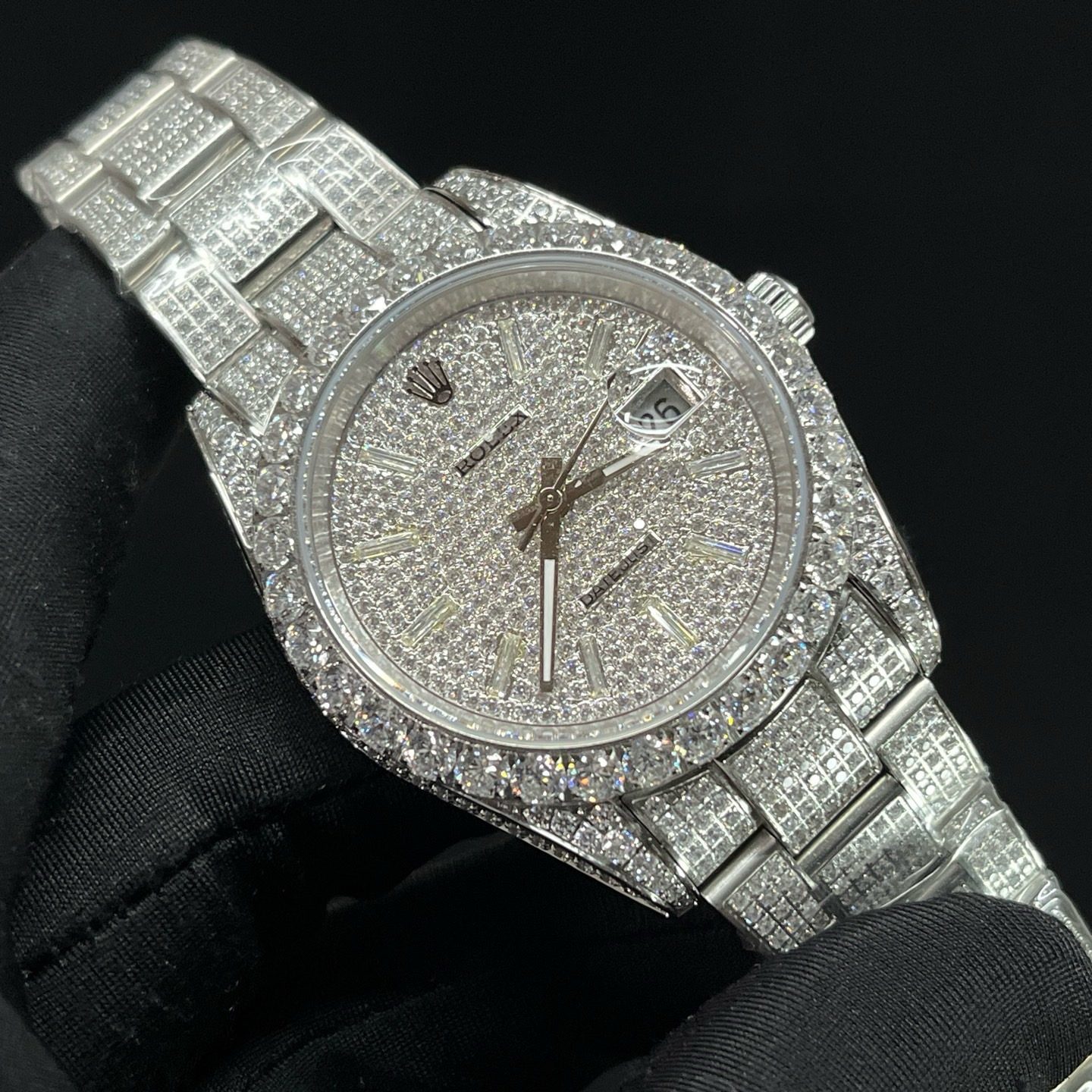 Rolex Datejust Style Automatic Watch, Diamond Dial Baguette Index White Gold Case Metal Bracelet