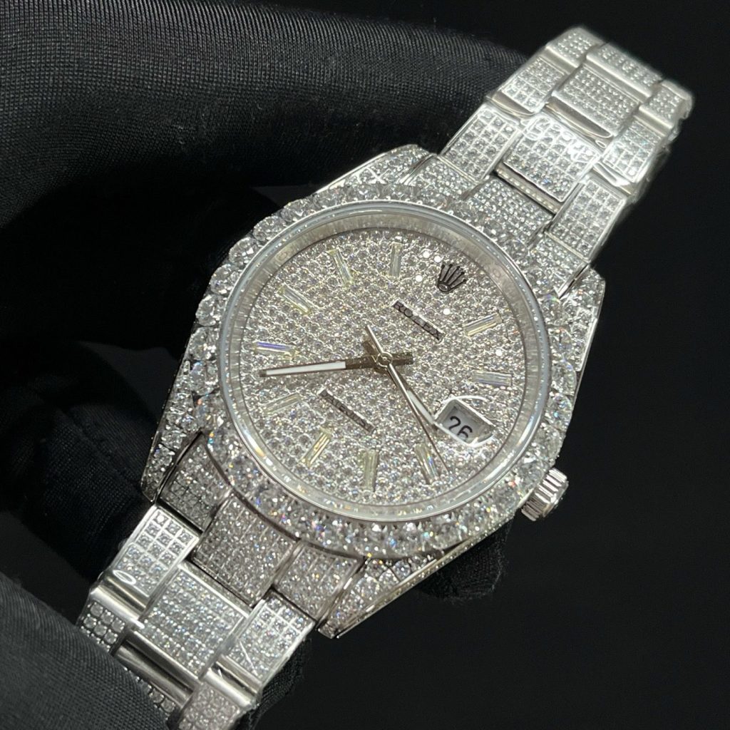 Rolex Datejust Style Automatic Watch, Diamond Dial Baguette Index White Gold Case Metal Bracelet