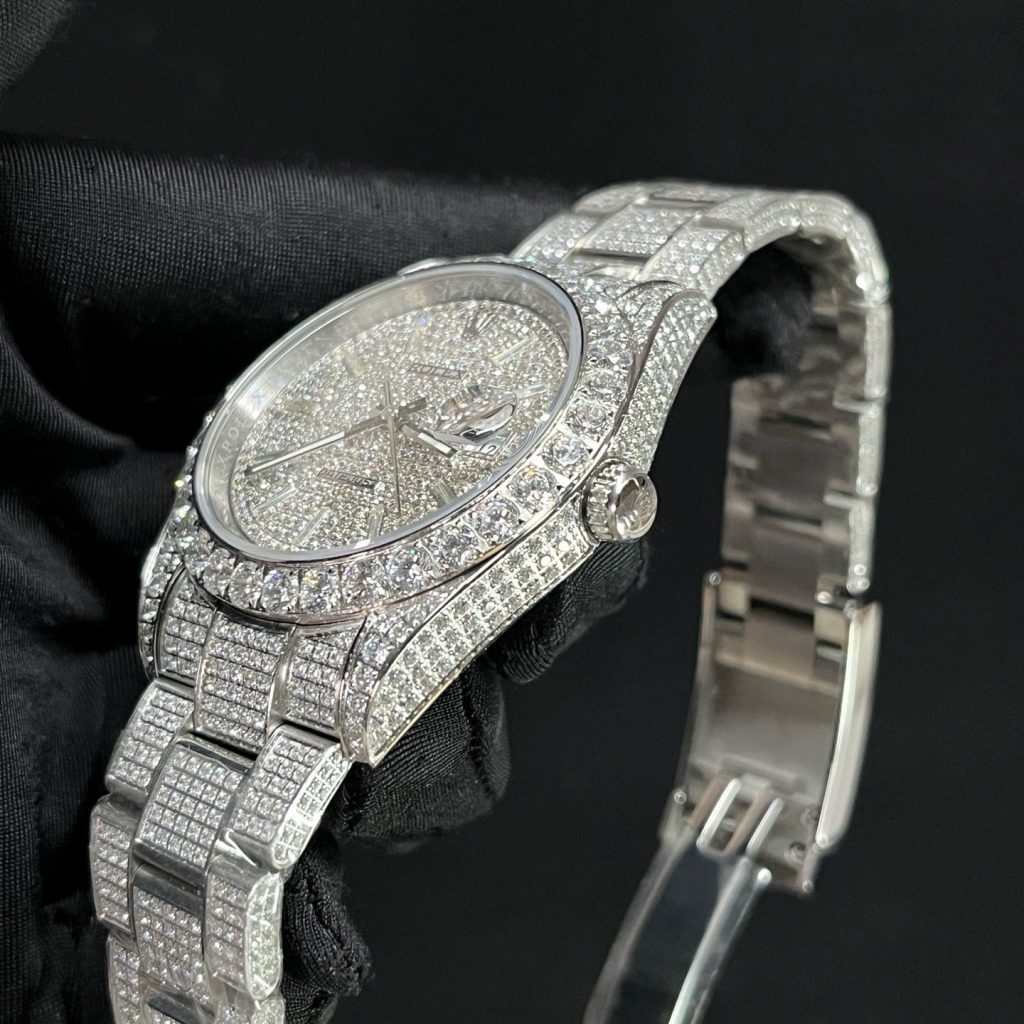 Rolex Datejust Style Automatic Watch, Diamond Dial Baguette Index White Gold Case Metal Bracelet