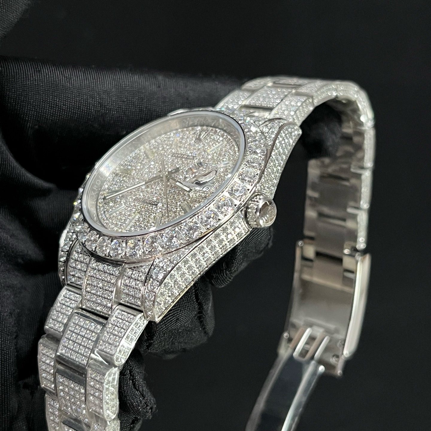 Rolex Datejust Style Automatic Watch, Diamond Dial Baguette Index White Gold Case Metal Bracelet