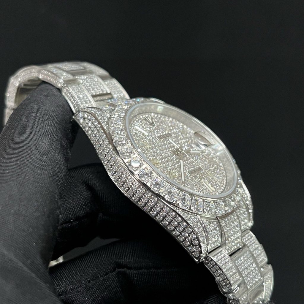 Rolex Datejust Style Automatic Watch, Diamond Dial Baguette Index White Gold Case Metal Bracelet