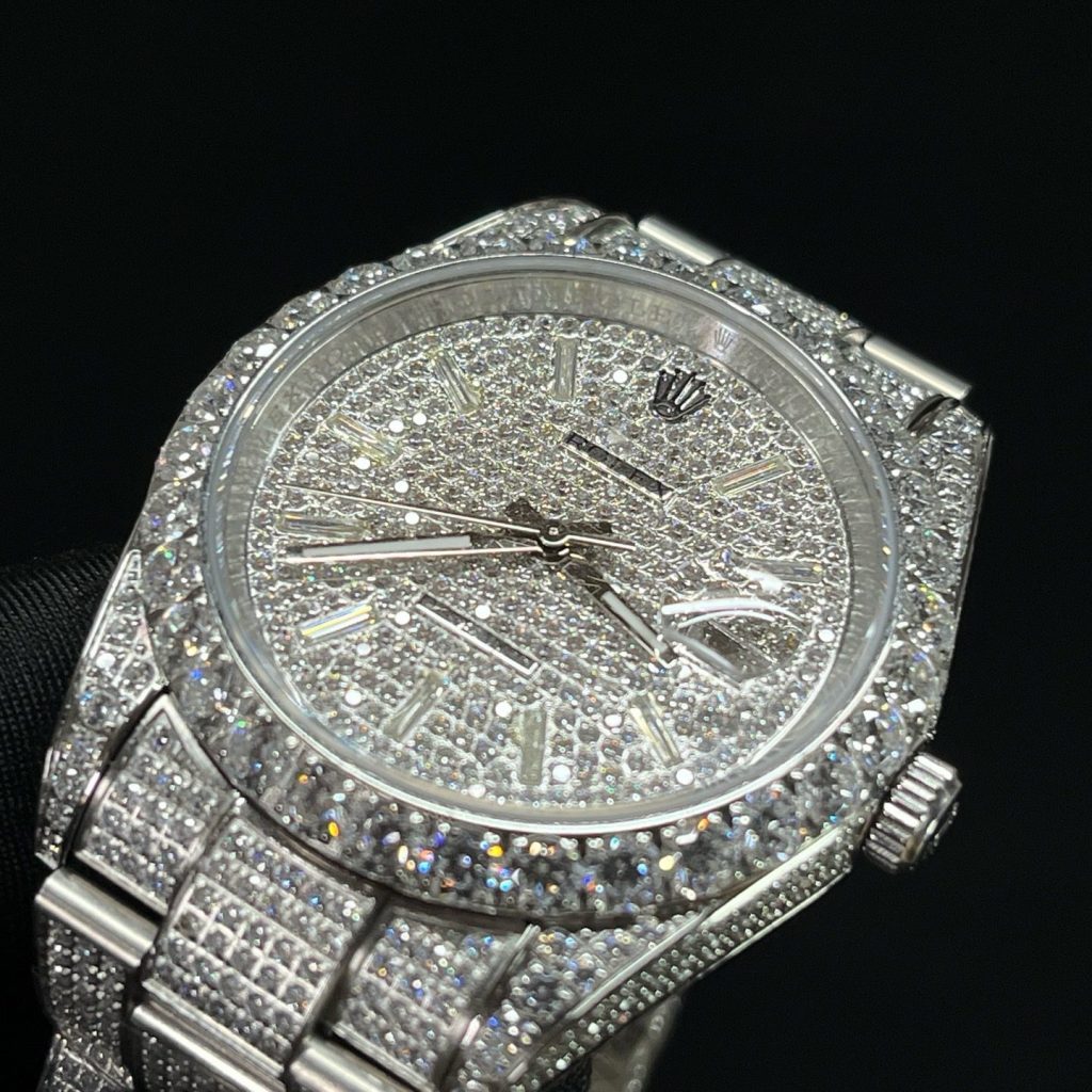 Rolex Datejust Style Automatic Watch, Diamond Dial Baguette Index White Gold Case Metal Bracelet
