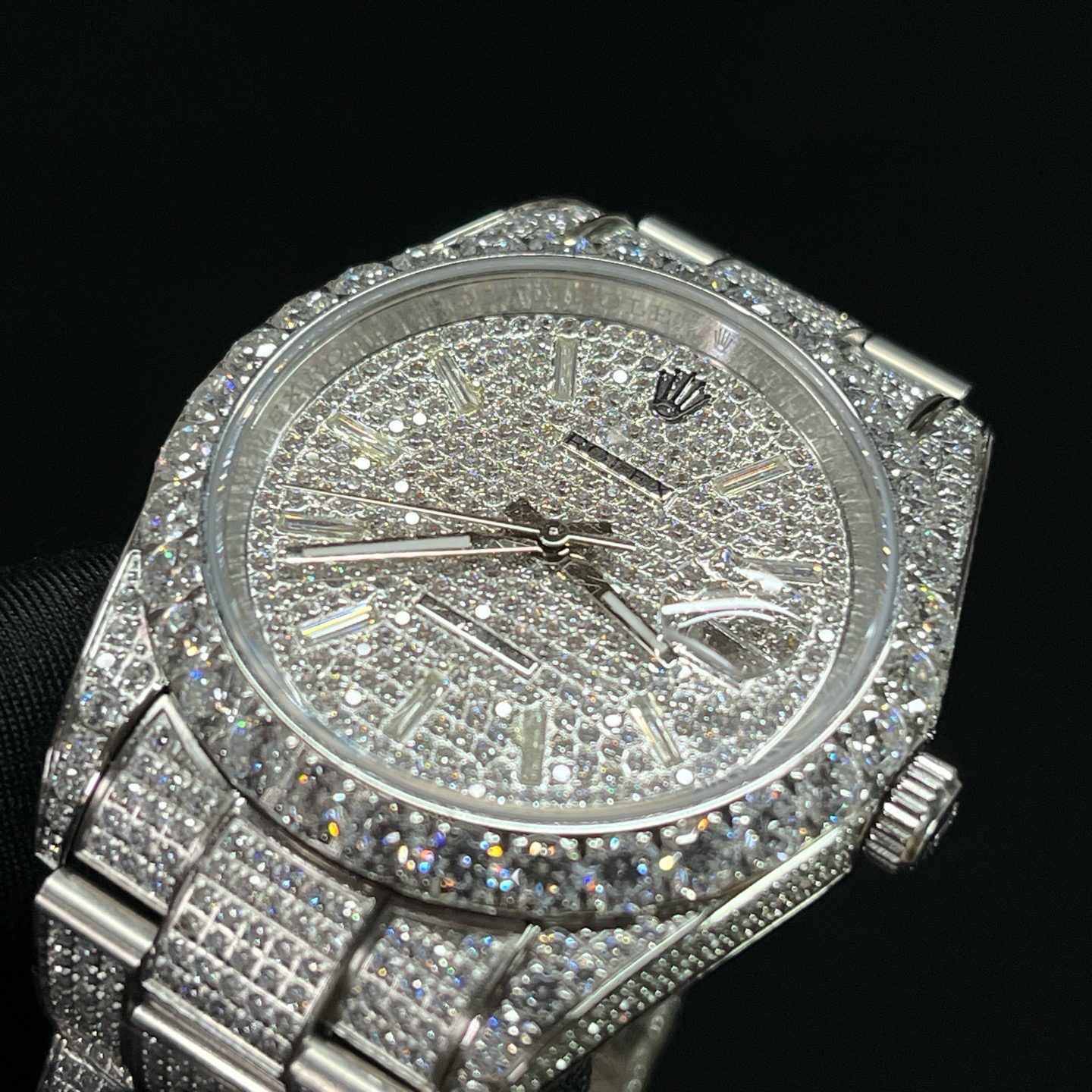 Rolex Datejust Style Automatic Watch, Diamond Dial Baguette Index White Gold Case Metal Bracelet