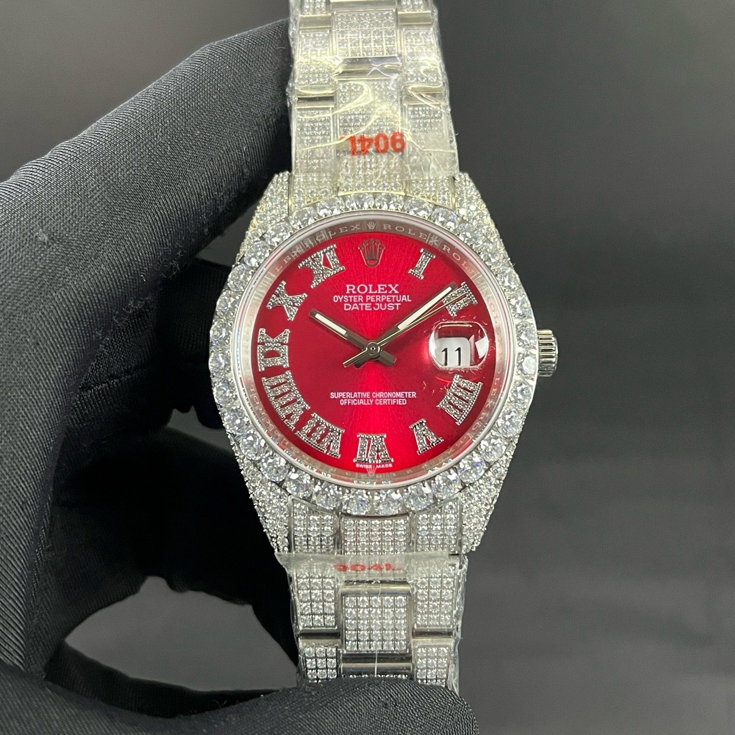 ROLEX Diamond-Set BraceletRolex Datejust Style Automatic Watch, Diamond Dial Roman Numeral Metal Bracelet Watch with Red Dial