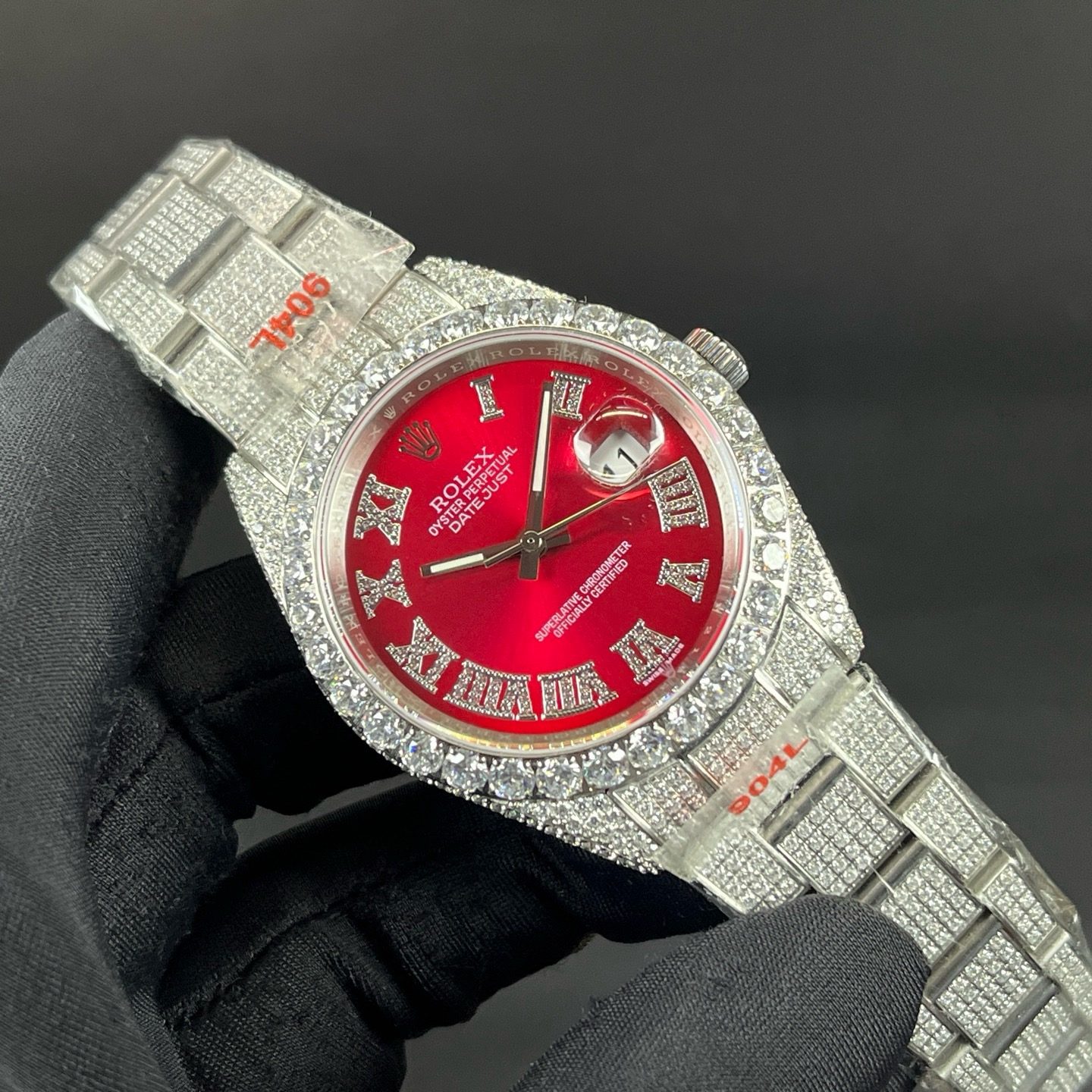 ROLEX Diamond-Set BraceletRolex Datejust Style Automatic Watch, Diamond Dial Roman Numeral Metal Bracelet Watch with Red Dial