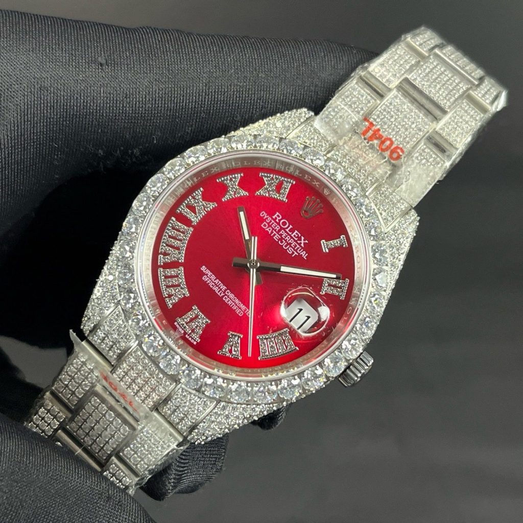 ROLEX Diamond-Set BraceletRolex Datejust Style Automatic Watch, Diamond Dial Roman Numeral Metal Bracelet Watch with Red Dial
