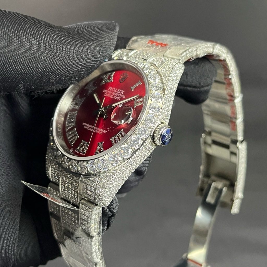 ROLEX Diamond-Set BraceletRolex Datejust Style Automatic Watch, Diamond Dial Roman Numeral Metal Bracelet Watch with Red Dial