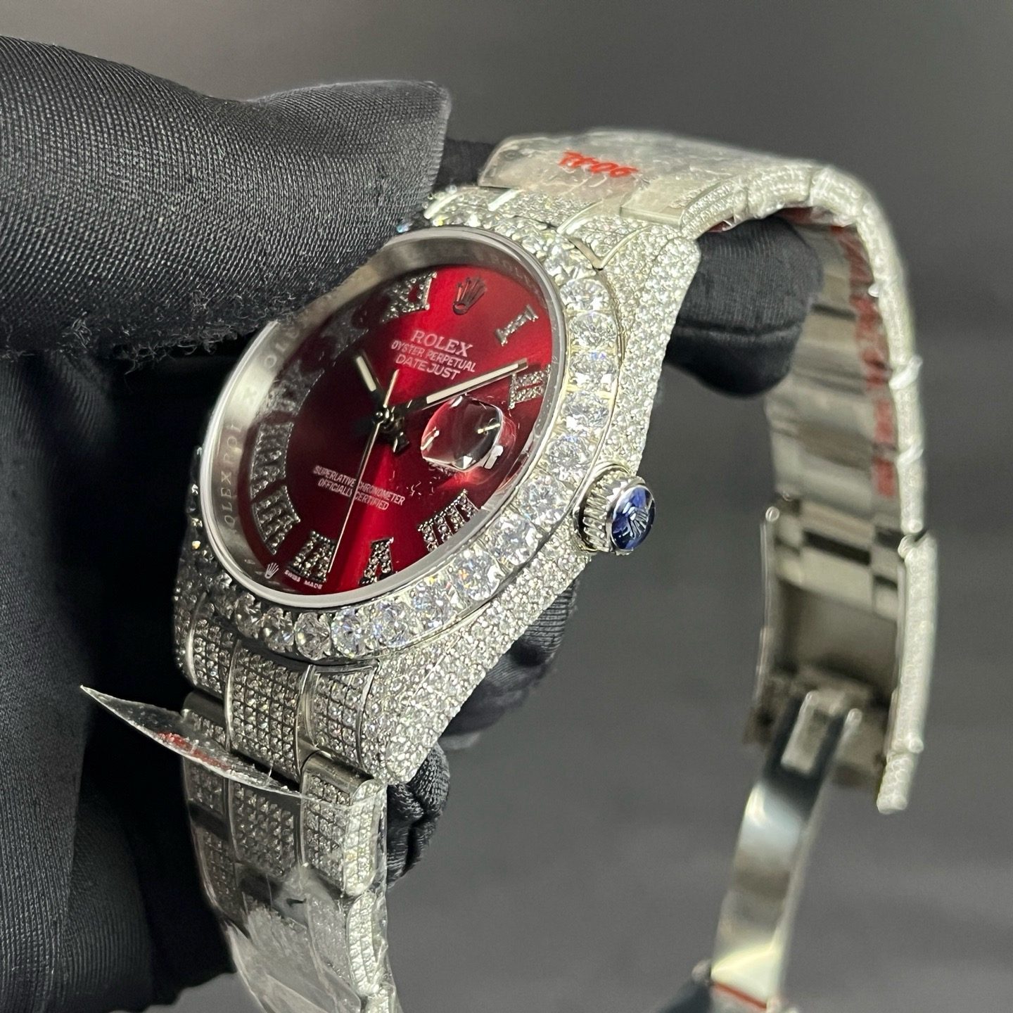 ROLEX Diamond-Set BraceletRolex Datejust Style Automatic Watch, Diamond Dial Roman Numeral Metal Bracelet Watch with Red Dial
