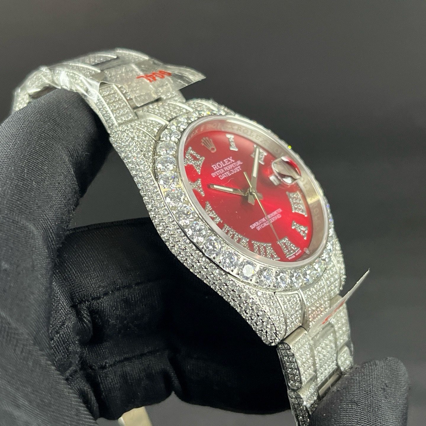 ROLEX Diamond-Set BraceletRolex Datejust Style Automatic Watch, Diamond Dial Roman Numeral Metal Bracelet Watch with Red Dial