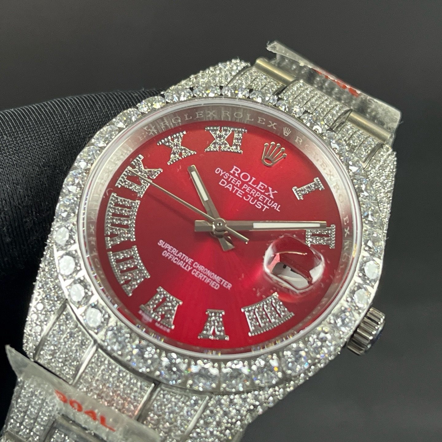 ROLEX Diamond-Set BraceletRolex Datejust Style Automatic Watch, Diamond Dial Roman Numeral Metal Bracelet Watch with Red Dial