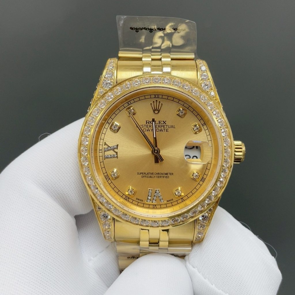 ROLEX Diamond-Set Gold BrRolex Day-Date Style Automatic Watch, Champagne Dial Roman Numeral Metal Braceletacelet Watch