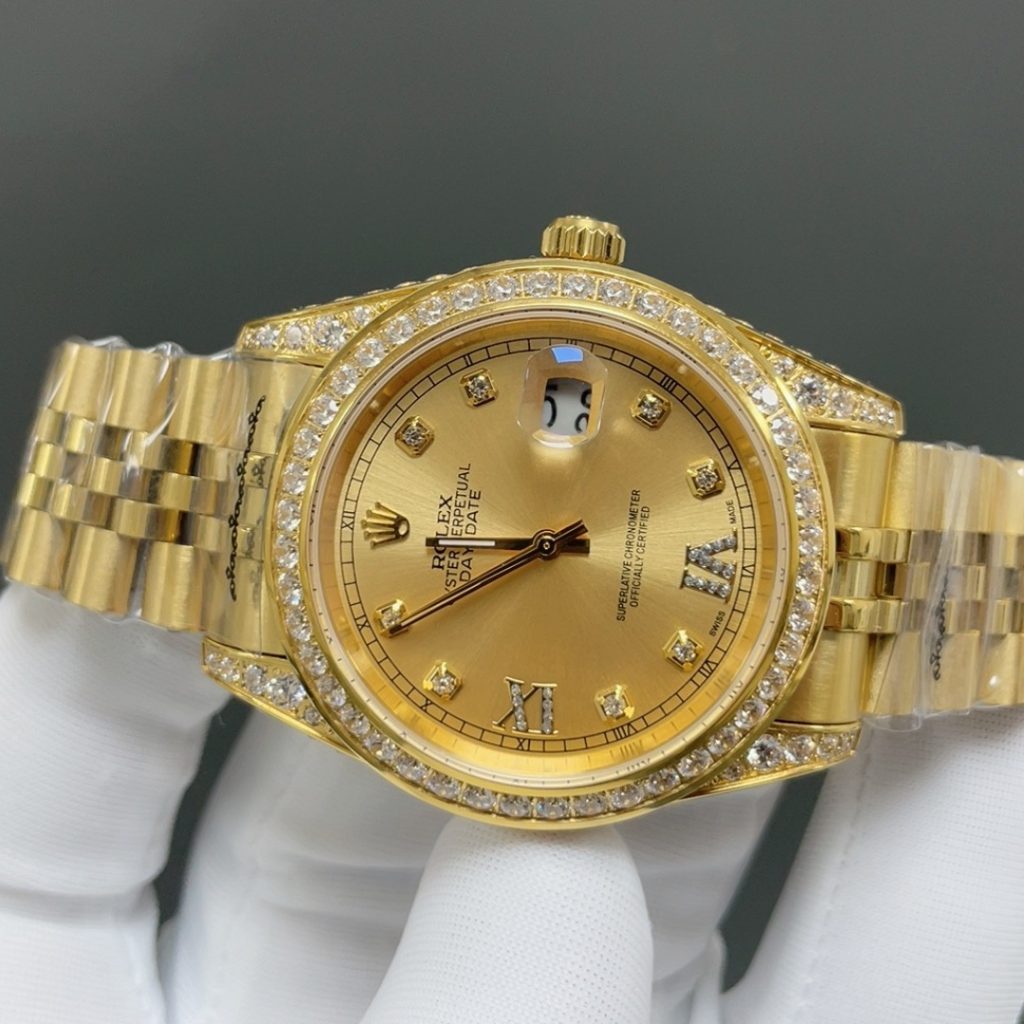 ROLEX Diamond-Set Gold BrRolex Day-Date Style Automatic Watch, Champagne Dial Roman Numeral Metal Braceletacelet Watch
