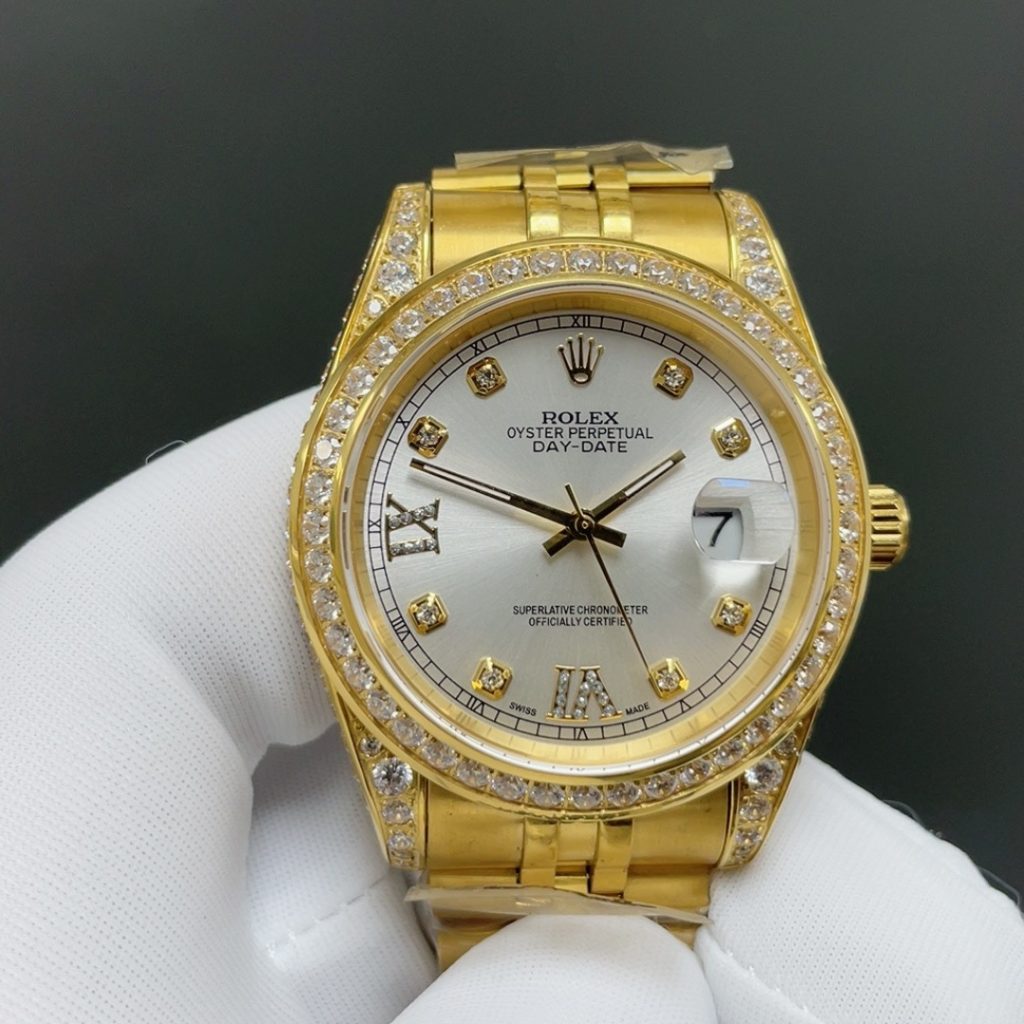 ROLEX Diamond-Set Gold BrRolex Day-Date Style Automatic Watch, Champagne Dial Roman Numeral Metal Braceletacelet Watch