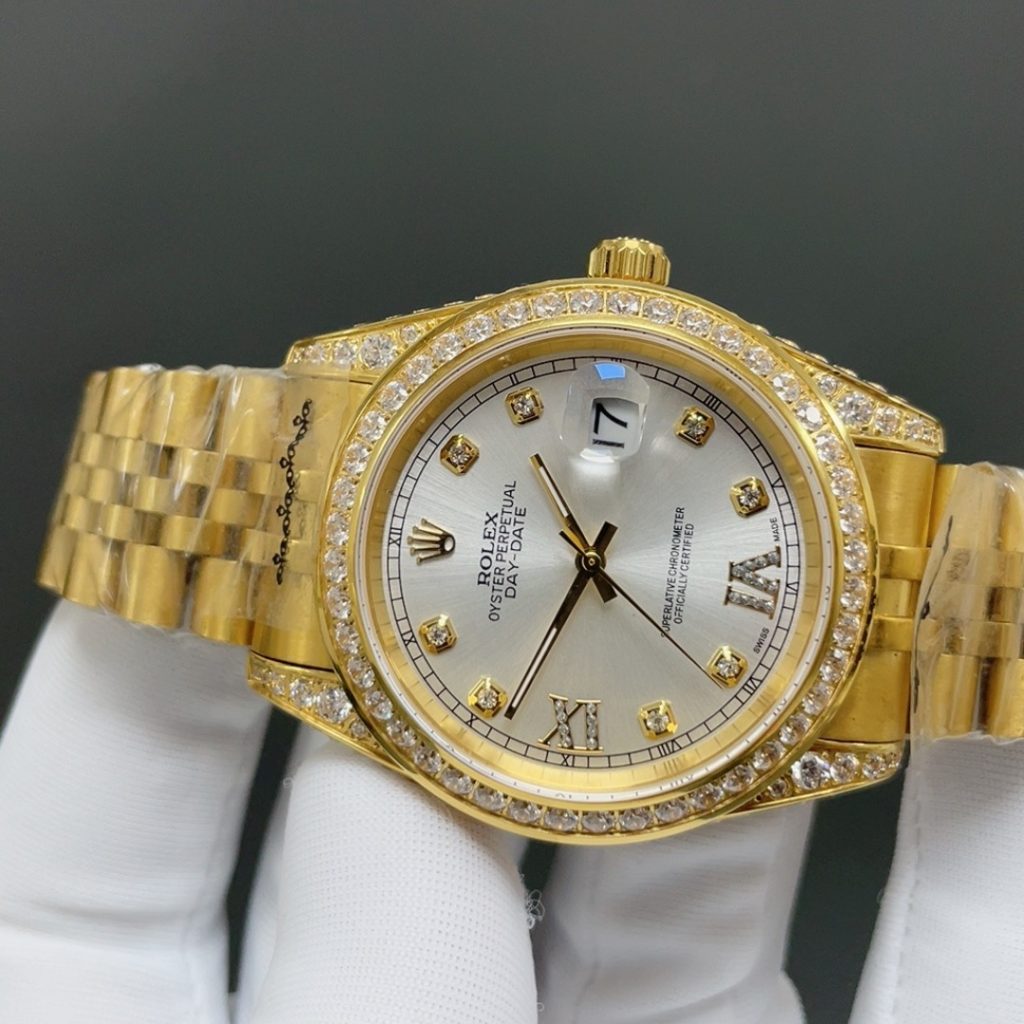 ROLEX Diamond-Set Gold BrRolex Day-Date Style Automatic Watch, Champagne Dial Roman Numeral Metal Braceletacelet Watch