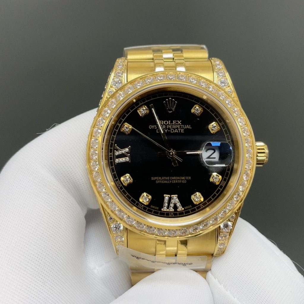 ROLEX Diamond-Set Gold BrRolex Day-Date Style Automatic Watch, Champagne Dial Roman Numeral Metal Braceletacelet Watch
