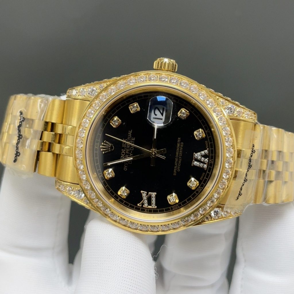 ROLEX Diamond-Set Gold BrRolex Day-Date Style Automatic Watch, Champagne Dial Roman Numeral Metal Braceletacelet Watch