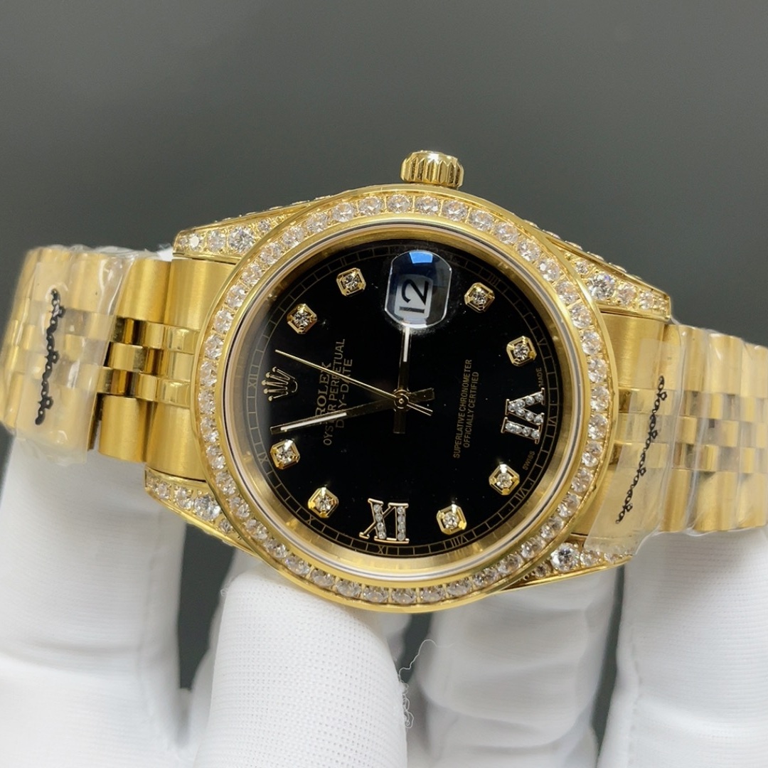 ROLEX Diamond-Set Gold BrRolex Day-Date Style Automatic Watch, Champagne Dial Roman Numeral Metal Braceletacelet Watch