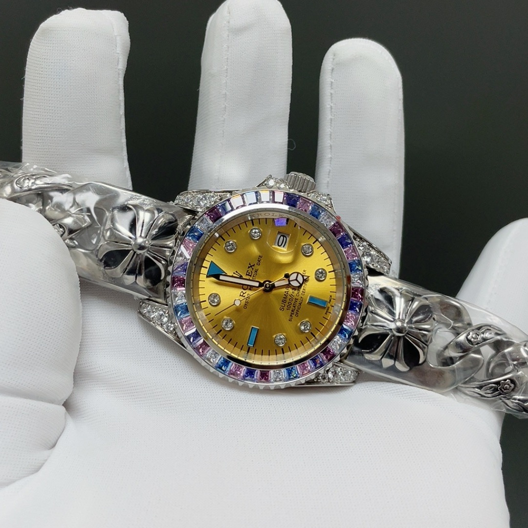 Rolex Submariner Style Automatic Watch, Blue Dial Diamond Index White Gold Case Sapphire Crystal