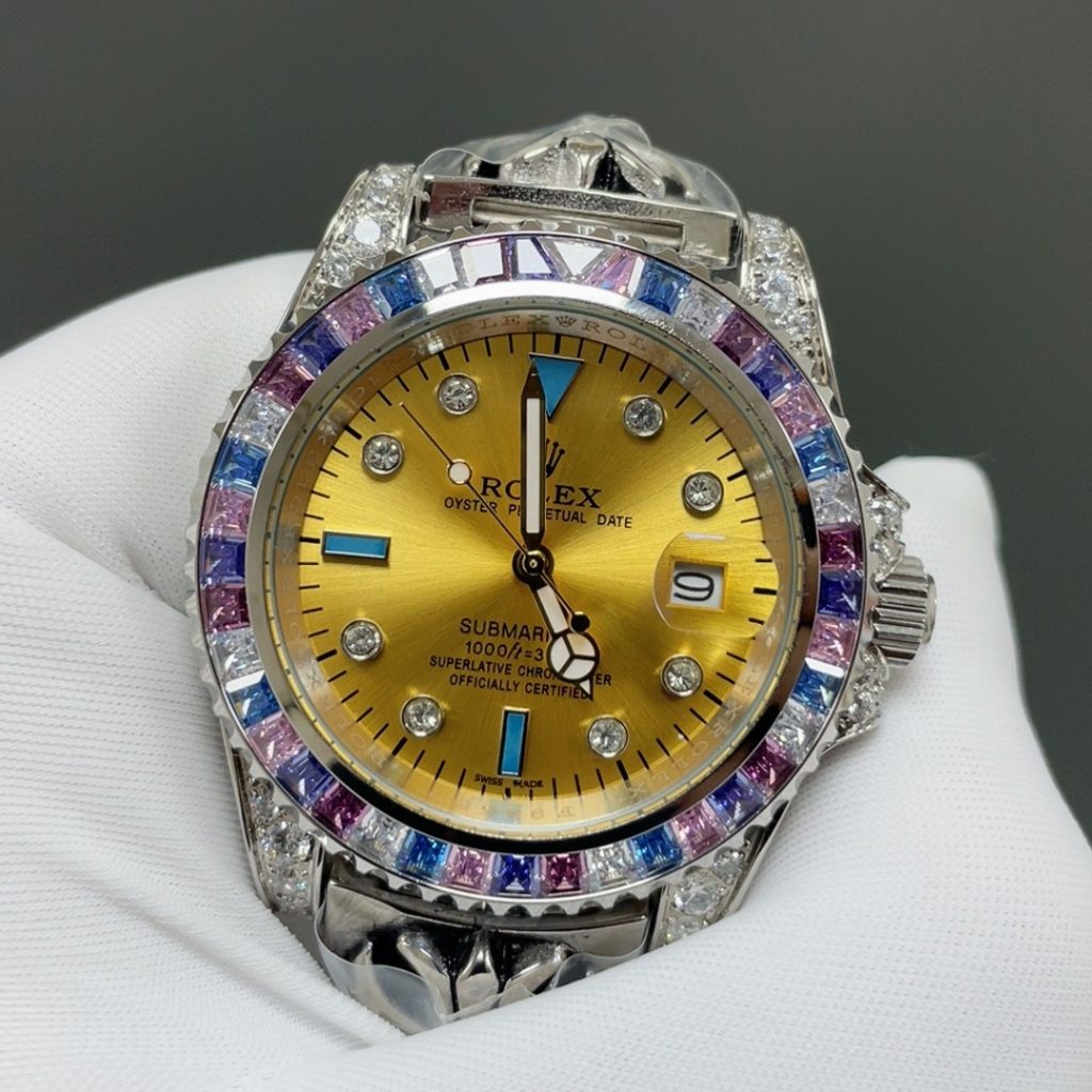 Rolex Submariner Style Automatic Watch, Blue Dial Diamond Index White Gold Case Sapphire Crystal