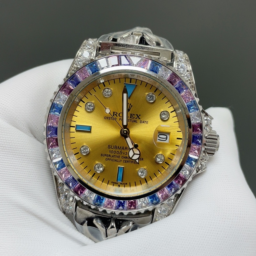 Rolex Submariner Style Automatic Watch, Blue Dial Diamond Index White Gold Case Sapphire Crystal