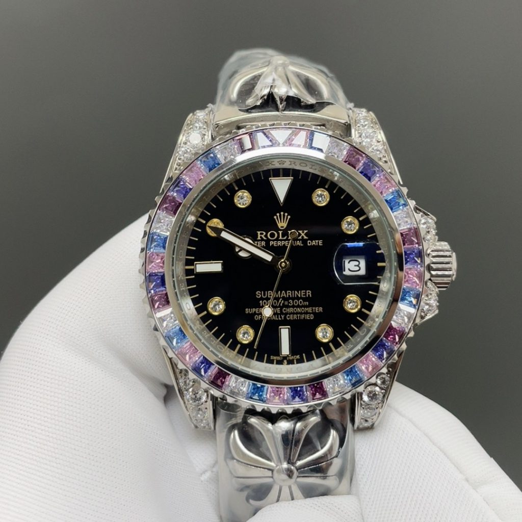 Rolex Submariner Style Automatic Watch, Blue Dial Diamond Index White Gold Case Sapphire Crystal
