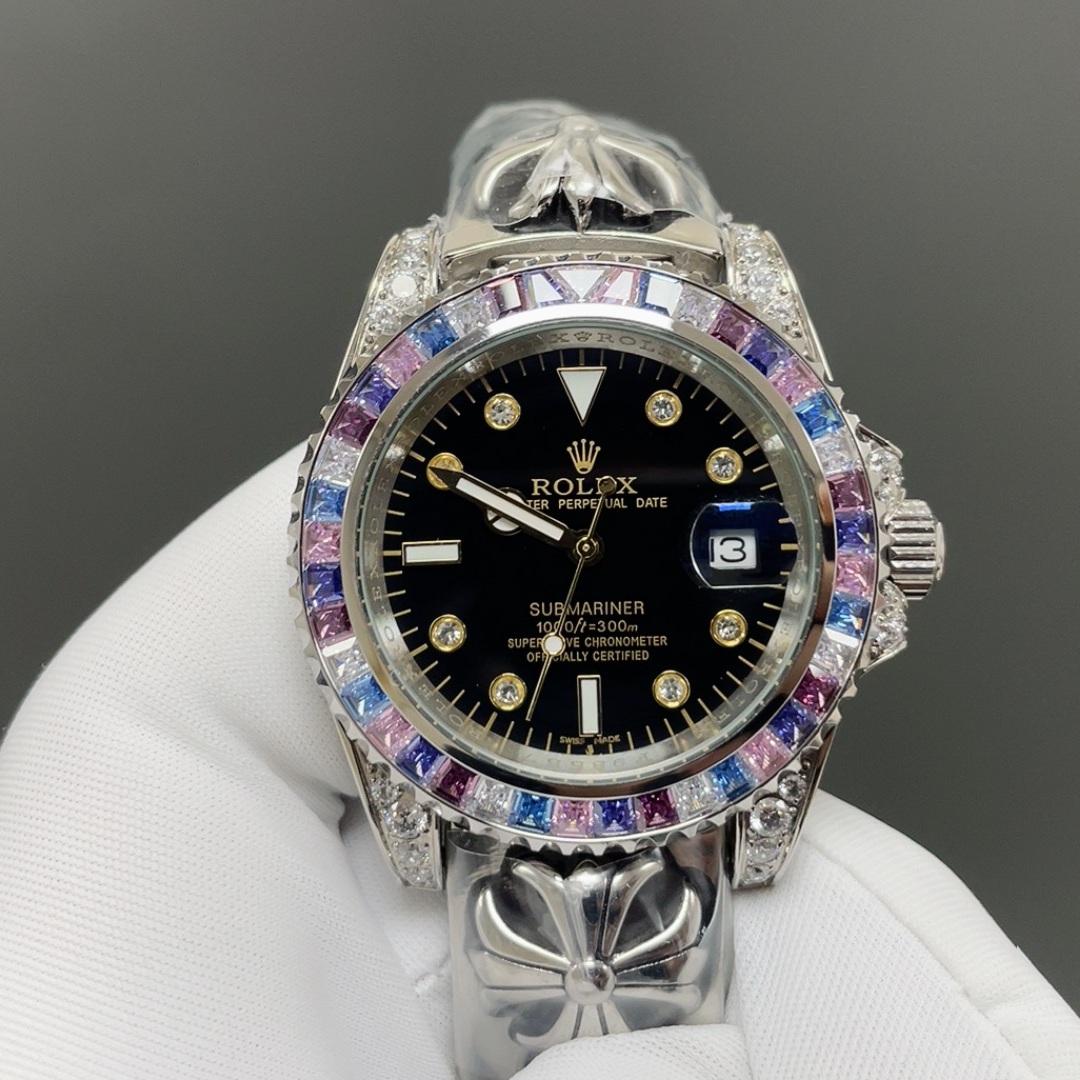 Rolex Submariner Style Automatic Watch, Blue Dial Diamond Index White Gold Case Sapphire Crystal