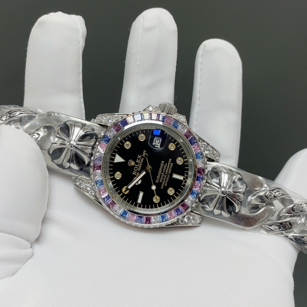 Rolex Submariner Style Automatic Watch, Blue Dial Diamond Index White Gold Case Sapphire Crystal