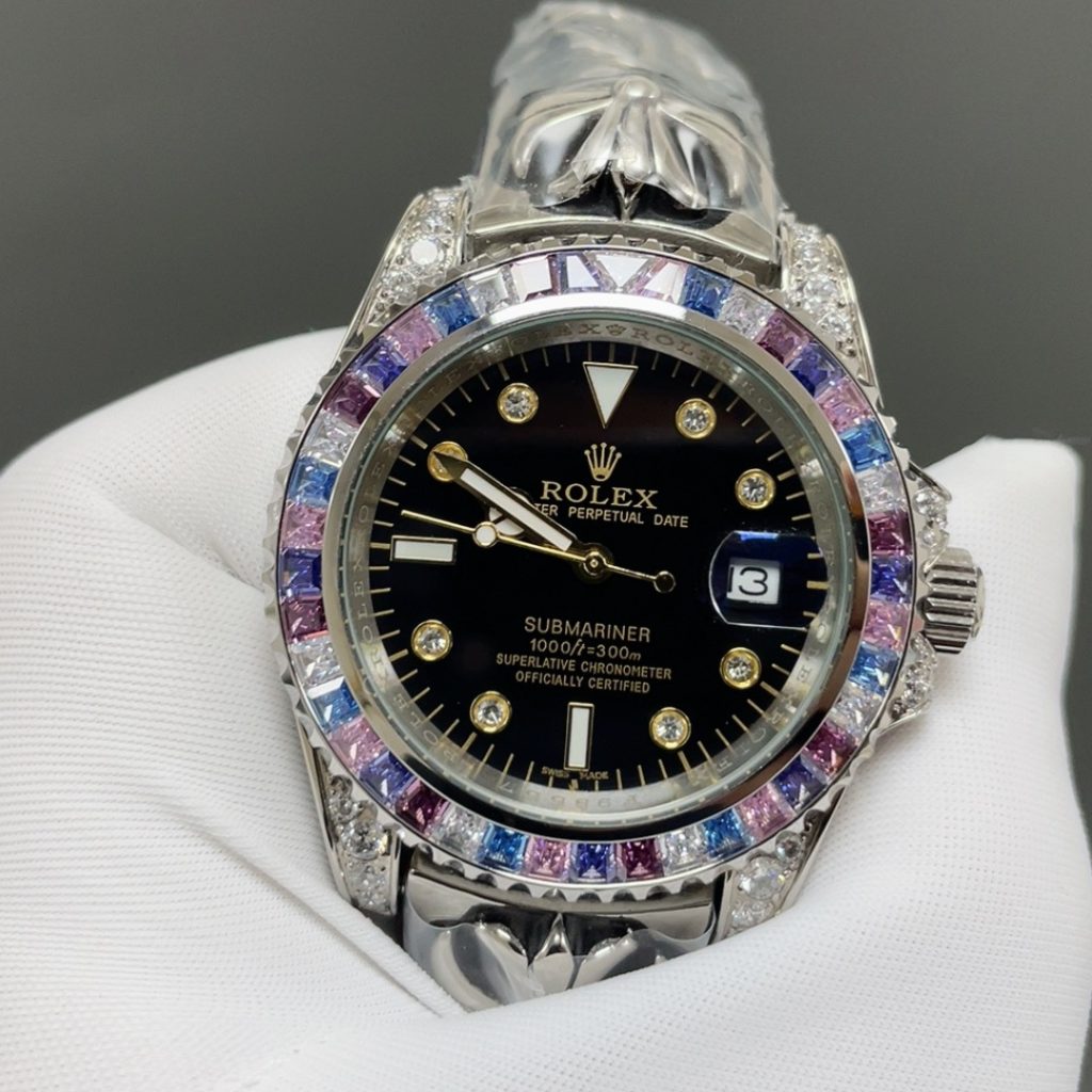 Rolex Submariner Style Automatic Watch, Blue Dial Diamond Index White Gold Case Sapphire Crystal