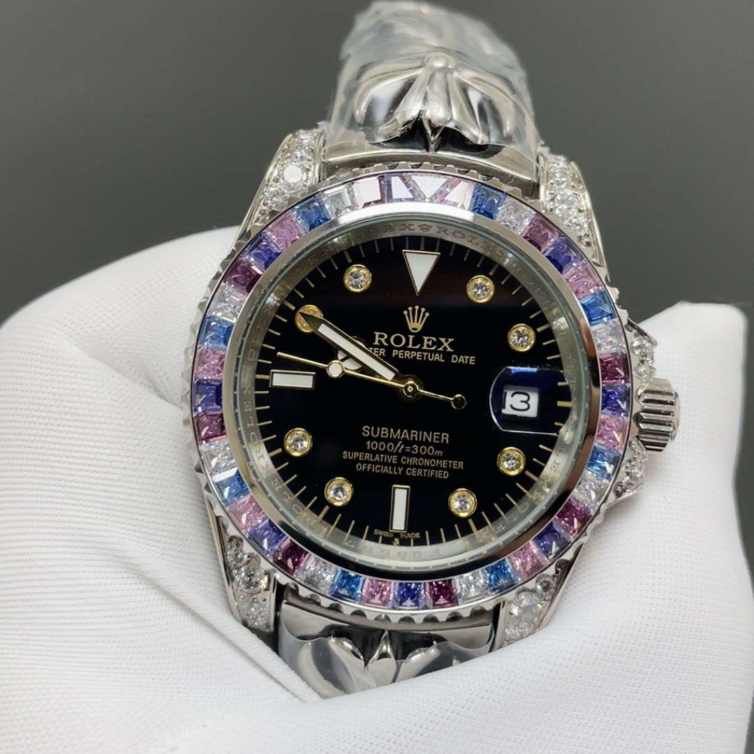 Rolex Submariner Style Automatic Watch, Blue Dial Diamond Index White Gold Case Sapphire Crystal