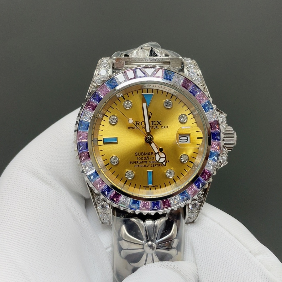 Rolex Submariner Style Automatic Watch, Blue Dial Diamond Index White Gold Case Sapphire Crystal