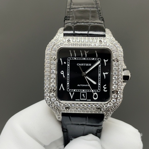Cartier Santos de Cartier WatCartier Santos Style Diamond Set Automatic Watch, Black Dial Roman Numeral Date Leather Strapch