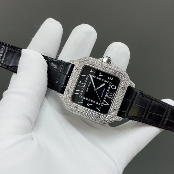 Cartier Santos de Cartier WatCartier Santos Style Diamond Set Automatic Watch, Black Dial Roman Numeral Date Leather Strapch