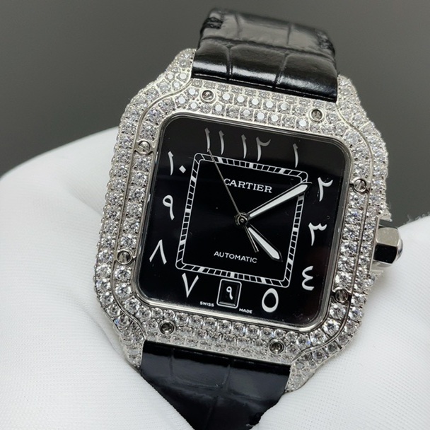 Cartier Santos de Cartier WatCartier Santos Style Diamond Set Automatic Watch, Black Dial Roman Numeral Date Leather Strapch