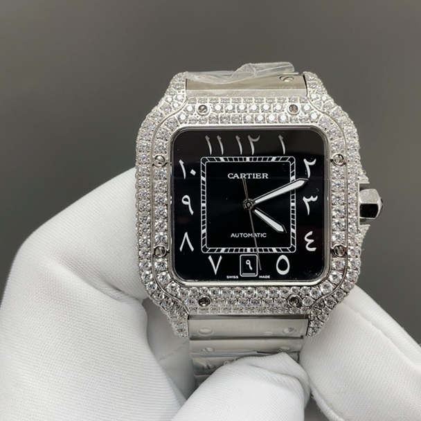 Cartier Santos de Cartier WatCartier Santos Style Diamond Set Automatic Watch, Black Dial Roman Numeral Date Leather Strapch