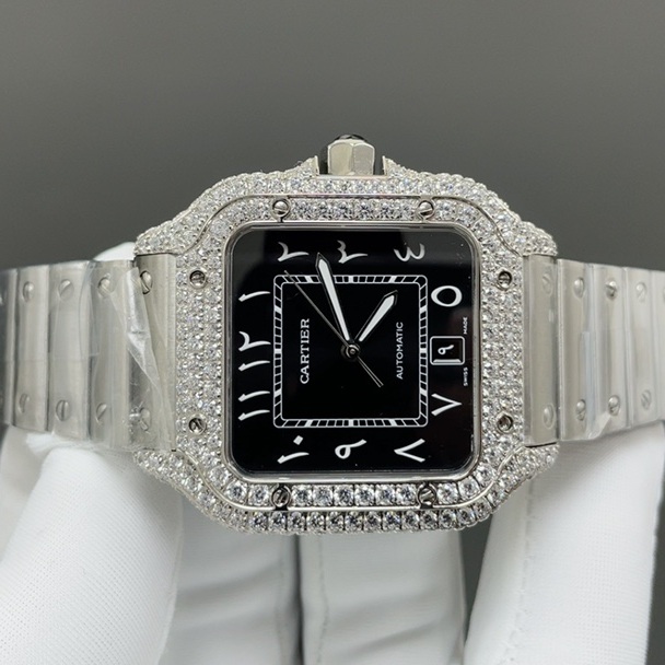 Cartier Santos de Cartier WatCartier Santos Style Diamond Set Automatic Watch, Black Dial Roman Numeral Date Leather Strapch