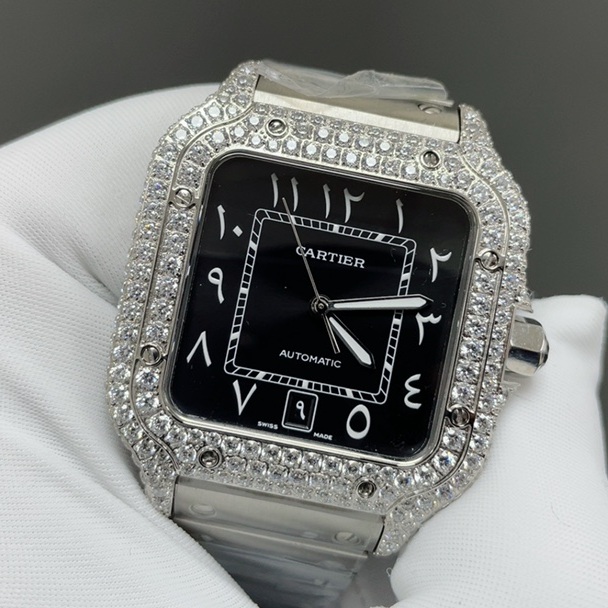 Cartier Santos de Cartier WatCartier Santos Style Diamond Set Automatic Watch, Black Dial Roman Numeral Date Leather Strapch