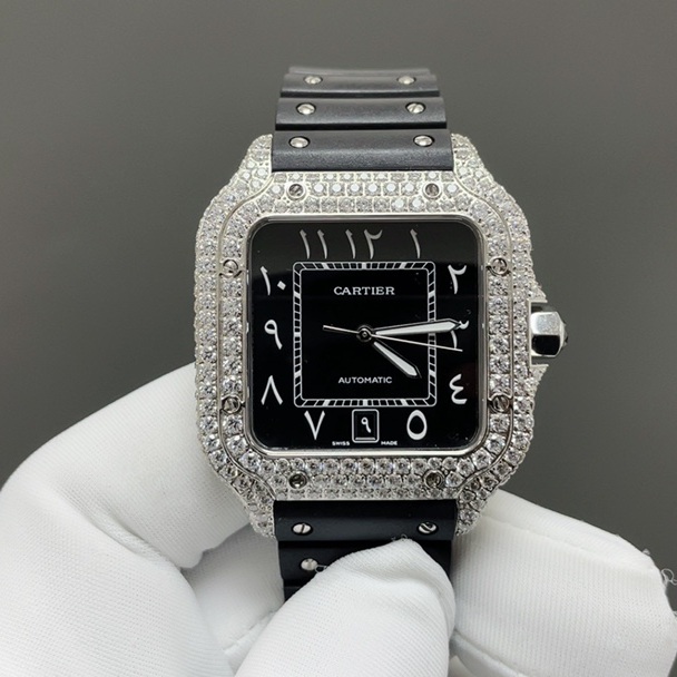 Cartier Santos de Cartier WatCartier Santos Style Diamond Set Automatic Watch, Black Dial Roman Numeral Date Leather Strapch