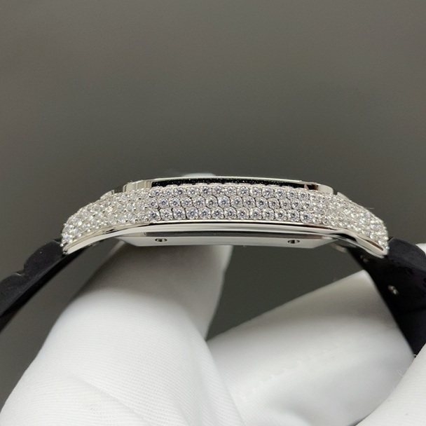 Cartier Santos de Cartier WatCartier Santos Style Diamond Set Automatic Watch, Black Dial Roman Numeral Date Leather Strapch