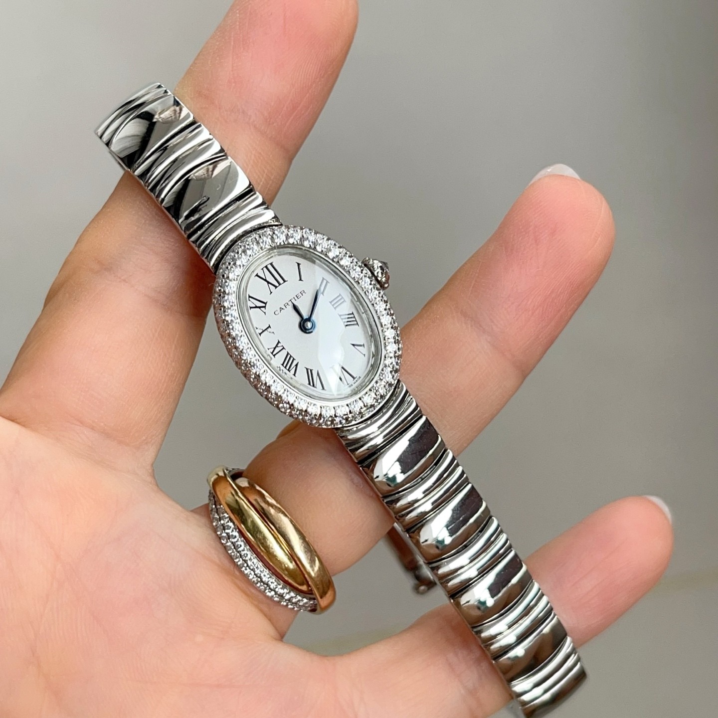 Cartier Baignoire Style Quartz Watch, White Dial Roman Numeral Stainless Steel Case Metal Bracelet