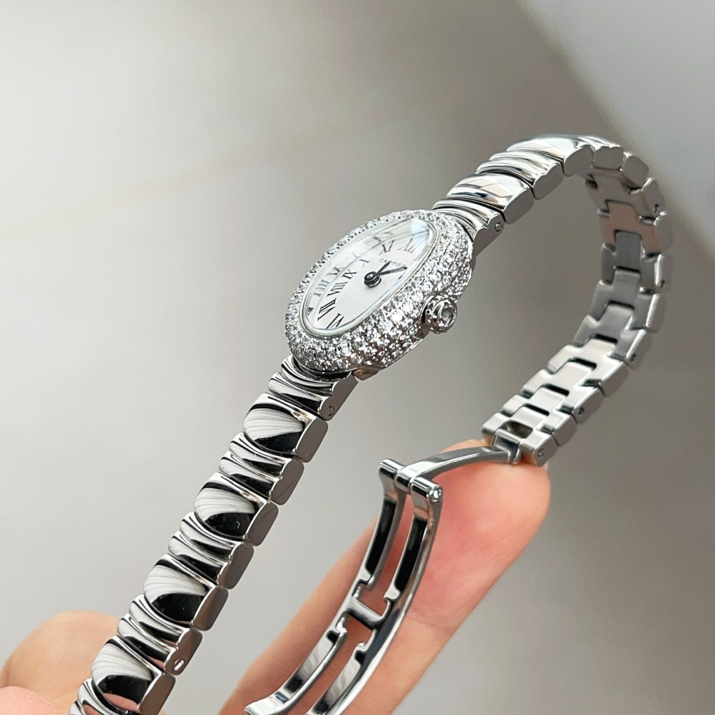 Cartier Baignoire Style Quartz Watch, White Dial Roman Numeral Stainless Steel Case Metal Bracelet