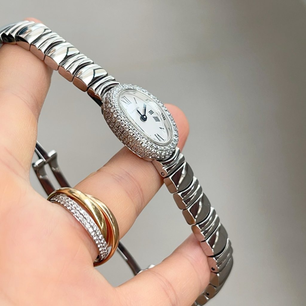 Cartier Baignoire Style Quartz Watch, White Dial Roman Numeral Stainless Steel Case Metal Bracelet