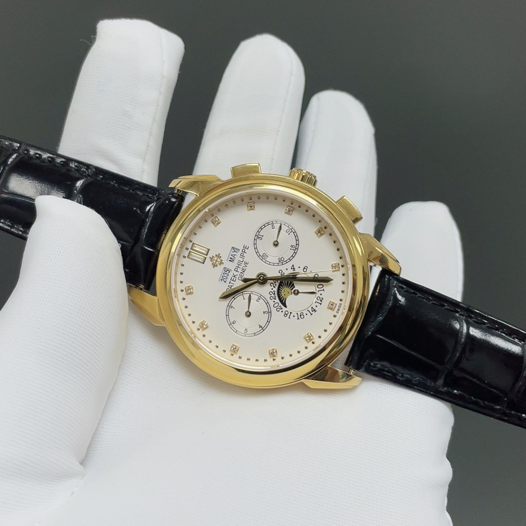 PATEK PHILIPPE Perpetual CalPatek Philippe Calatrava Style Automatic Watch, White Dial Diamond Index Perpetual Calendar Leather Strapendar Watch
