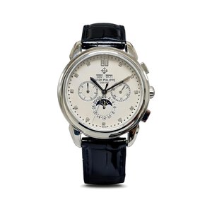 PATEK PHILIPPE Perpetual CalPatek Philippe Grand Style Automatic Watch, White Dial Diamond Index Moon Phase Leather Strapendar Chronograph Watch