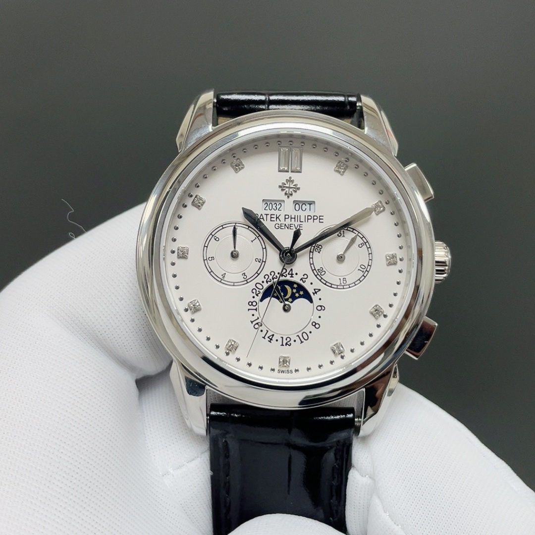 PATEK PHILIPPE Perpetual CalPatek Philippe Grand Style Automatic Watch, White Dial Diamond Index Moon Phase Leather Strapendar Chronograph Watch