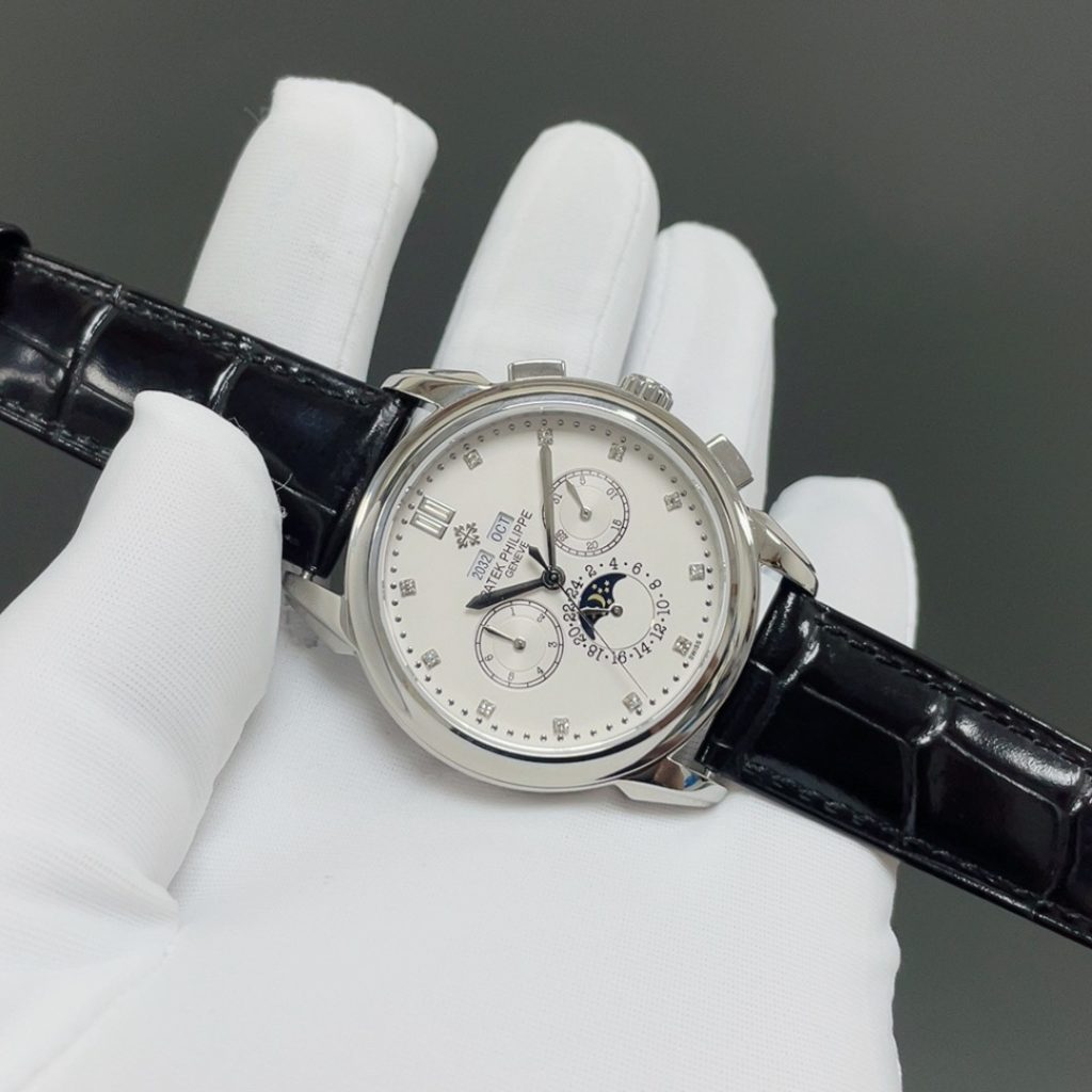 PATEK PHILIPPE Perpetual CalPatek Philippe Grand Style Automatic Watch, White Dial Diamond Index Moon Phase Leather Strapendar Chronograph Watch