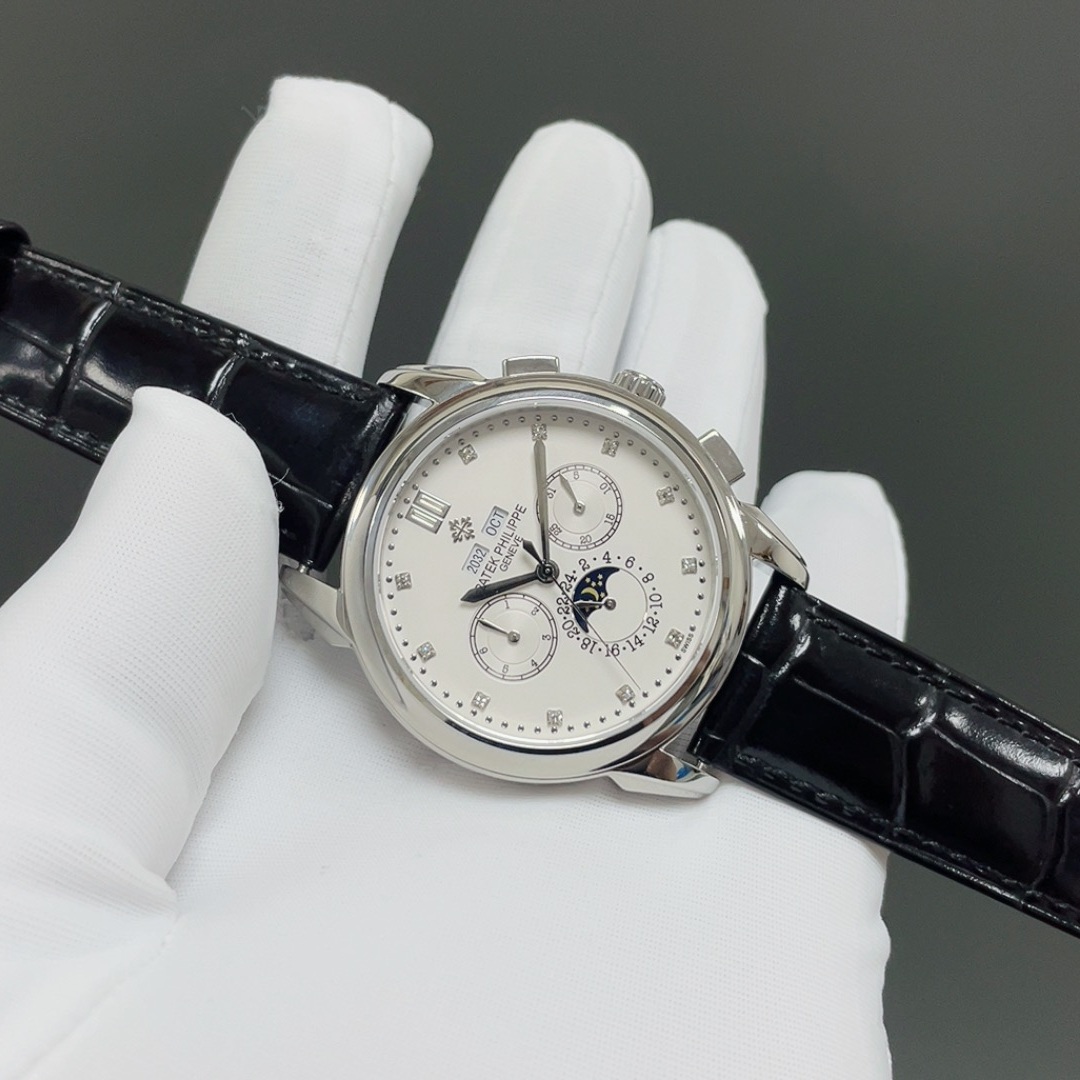 PATEK PHILIPPE Perpetual CalPatek Philippe Grand Style Automatic Watch, White Dial Diamond Index Moon Phase Leather Strapendar Chronograph Watch