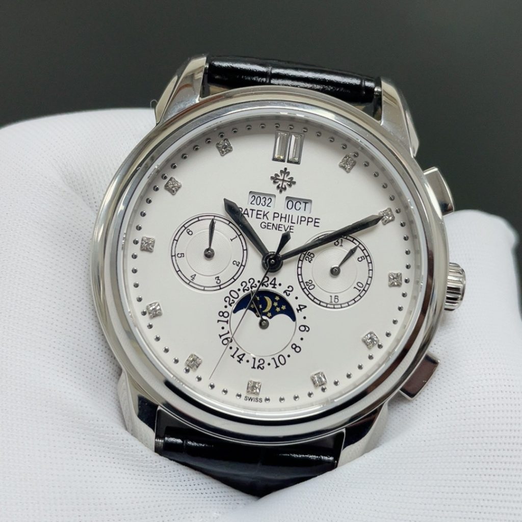 PATEK PHILIPPE Perpetual CalPatek Philippe Grand Style Automatic Watch, White Dial Diamond Index Moon Phase Leather Strapendar Chronograph Watch