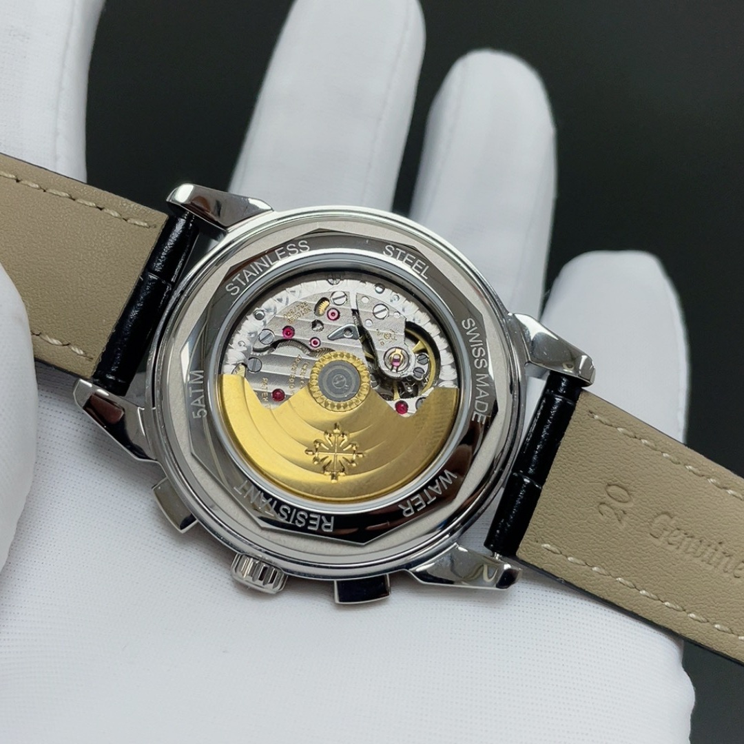 PATEK PHILIPPE Perpetual CalPatek Philippe Grand Style Automatic Watch, White Dial Diamond Index Moon Phase Leather Strapendar Chronograph Watch